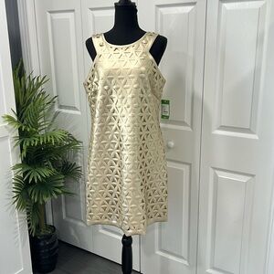Lilly Pulitzer Mango shift dress gold metalli daisy laser out NWT Size L